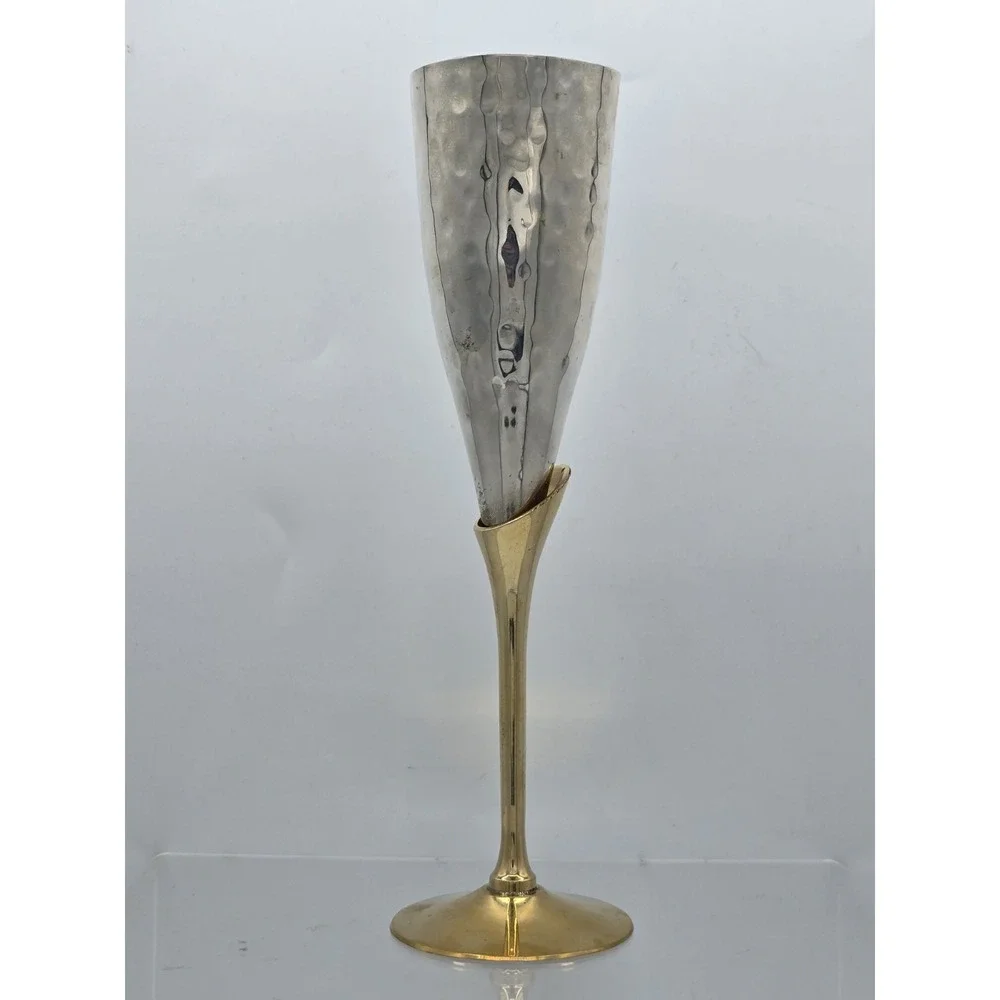 Engraved Brass Goblet Champagne Glass Flute‎ - Silver And Gold Tone